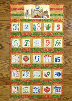 Christmas Advent Calendar Handmade Quilted Fabric Embroidered w/ Pockets 34"x19" - Image 1 of 4