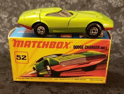 1970 Matchbox Green Dodge Charger MK3 Superfast Lesney # 52 W/Orig Box *Mint - Image 1 of 4
