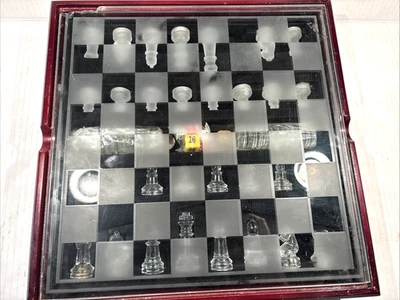 Glass Chess Checkers Game Board Set With Wood Base That Turns Around READ VTG - Image 1 of 4