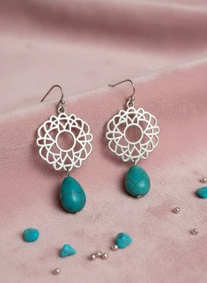 Silvertone  Filigree Howlite Teardrop Dangle Earrings 1.5 Inch - Image 1 of 4