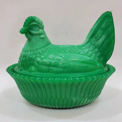 McKee Summit Dave's Green Slag Glass 5.5" Glass Hen on Nest Covered Dish - Image 1 of 4