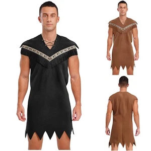 Men's Sleeveless Faux Suede Caveman Cosplay Dress Vintage Pattern for Halloween - Picture 1 of 35