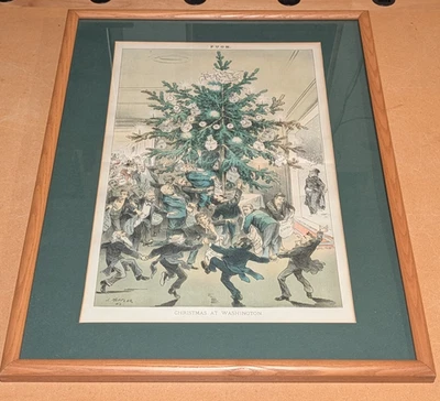 PUCK 1883 Antiguo Litografía Enmarcada NAVIDAD EN WASHINGTON Joseph Keppler Foto 1 de 4