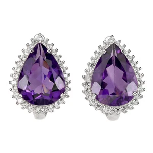 925 Sterling Silver Earrings Pear Amethyst 16x12mm Zircon Gemstone Jewelry - Picture 1 of 14