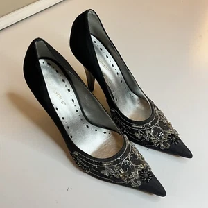 BCBG Girl's Black Embellished Boho Satin Heel Pumps Womens Size 6.5 Y2K 2000s - Picture 1 of 4
