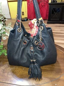 Michael Kors Women's  Black Camden Large Drawstring Shoulder Tote Suntan Leather - Picture 1 of 8