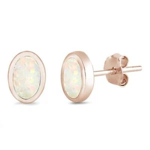 Rose Gold Plated White Opal Oval Shape .925 Sterling Silver Earrings - Picture 1 of 2