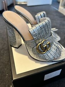 Gucci Silver Leather Metallic GG Marmont Fringed Mule Heels Size 3 EU36 RRP £630