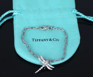 Tiffany & Co Platinum Round Pave Set Diamond Dragonfly Charm 7'' Chain Bracelet - Picture 1 of 8