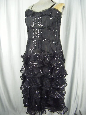 Vtg 70-80s Black Strapless Sequin Ruffle Tiers Lace Party Dress-Bust 34/2XS-XS - Image 1 of 4