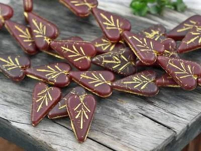 17x11mm Gold Washed Matte Ruby Red Czech Glass Heart Leaf Beads - 8 Beads - Image 1 of 4