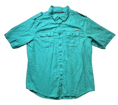 Camisa Sean John Para Hombres 2XL Verde Lino Algodón Manga Corta Botón Delantero Informal Foto 1 de 4