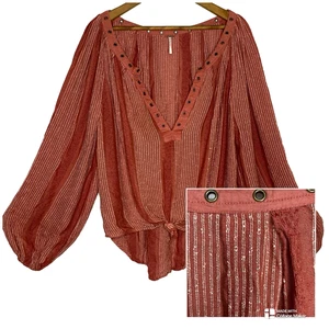 Free People Blouse Womens Size M V Neck Knot Front Lantern Sleeve Boho Chic Red - Picture 1 of 10