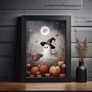 Lindo póster de fantasma con escoba - Decoración de arte de pared de Halloween - Imagen 1 de 5