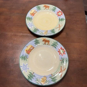 Vintage Bella Ceramica SIERRA Dinner Plates Cabin Skis Woods Elk Lot of 2 HEAVY - Picture 1 of 10