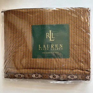 RALPH LAUREN Village Mews Foulard Gold Brown QUEEN Flat Sheet Cotton VTG NOS - Picture 1 of 5