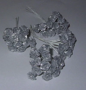 48 SILVER Wired Ribbon Roses Wedding Favours cake decoration craft card making - Picture 1 of 1