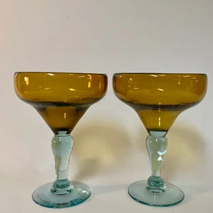 Margarita Glas Bernstein Blau Aqua Bubble Glas ARTLAND Mexikanisch Mundgeblasen - Bild 1 von 5