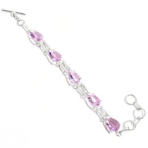 Pink Kunzite Gemstone Handmade 925 Sterling Silver Jewelry Bracelet Size 7-8" - Picture 1 of 1
