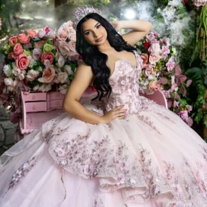 Light Pink Quinceanera Dresses Layered Lace Applique Prom Ball Gowns Sweet 15 16 - Picture 1 of 8