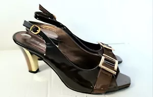PIERRE CARDIN DESIGNER BROWN MOTTLED PATENT LEATHER BUCKLE FEATURE VINTAGE SZ5 - Picture 1 of 7