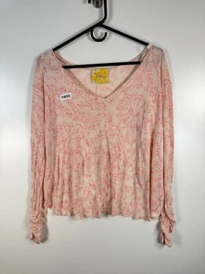 Free People Womens V Neck Sahara Floral Long Sleeve High Low Hem Linen Top Sz S - Picture 1 of 12