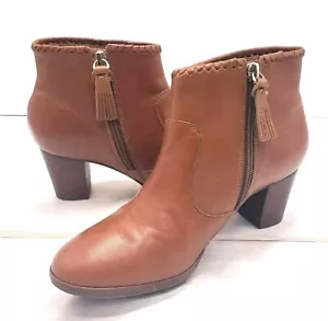 Jack Rogers Womens 6.5 Leather Whipstitch Heeled Ankle Boots Brown Tassle Zip - Picture 1 of 13