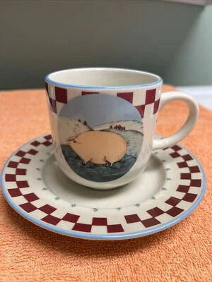 Tienshan Folk Art Animals Checkered Rim Cup and Saucer Set PIG - Image 1 of 4