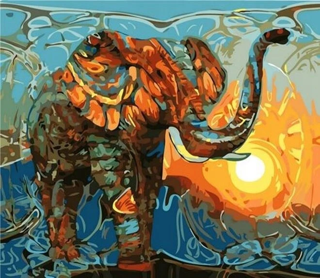 NORIMPEX 50x40 cm Malen nach zahlen Set mit Holzrahmen Die Sonne und der Elefant