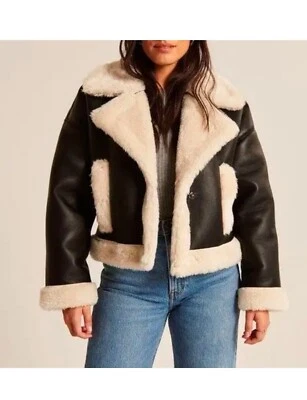 Abercrombie & Fitch Mujer XS Vegano Imitación Negro Cuero Sherpa Ribete Abrigo Chaqueta Foto 1 de 4