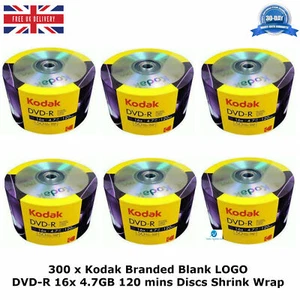 300 x Kodak Branded Blank LOGO DVD-R 16x Speed 4.7GB 120min Discs in Shrink Wrap - Picture 1 of 12