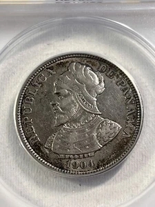 1904 Panama 25 Centesimos Silver Coin Graded AU 50 Details Cleaned by ANACS - Picture 1 of 4