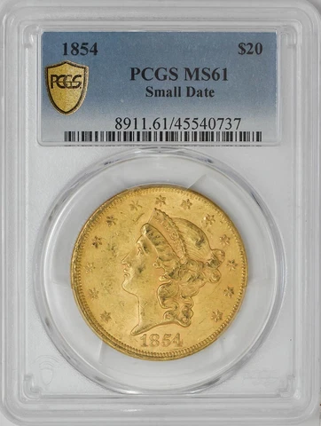 1854 $20 Gold Liberty Small Date MS61 PCGS Secure 945611-16 Cover