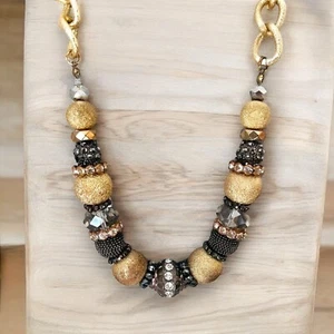 Gold Beaded Statement Necklace Y2K Crystal Rhinestone Signed INC Chunky Chain - Picture 1 of 10
