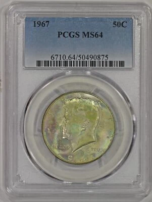 1967 50c Silver Kennedy Half Dollar PCGS MS64 Colorful Toning - Image 1 of 4