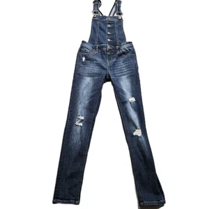 True Craft Bib Overalls Girl 8 Blue Dark Wash Whisker Straight Skinny Distressed - Picture 1 of 13