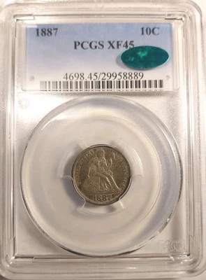1 Of 3 Pop CAC Stickered PCGS XF 45, 1887 Seated Liberty Dime 10c Philadelphia - Image 1 of 4