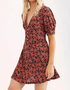 Free People Dress XL Floral Mini Puff Sleeve Black Red Boho Cottagecore Romantic - Picture 1 of 14