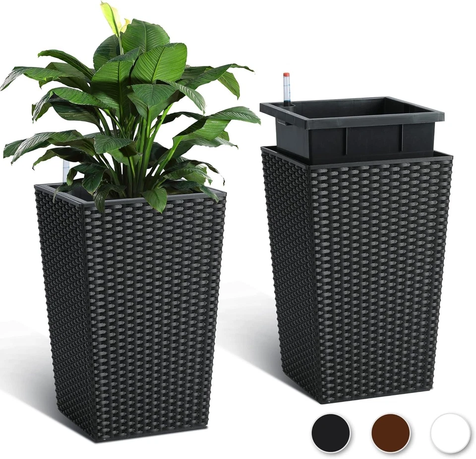 16in Black Rattan Self-Watering Planter Pot with Water Indicator, Indoor Use - Image 1 of 4