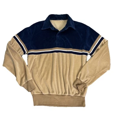 复古蓝色棕色丝绒 Polo 毛衣套衫管边男式 S/M 码 — 第 1/4 张图片