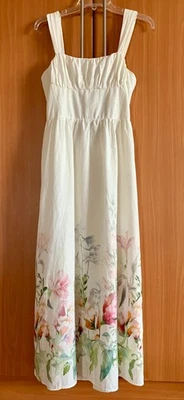 Maxi Vestido de Verano H&M Blanco Floral Mezcla de Lino Sin Mangas Forrado Talla S Foto 1 de 4