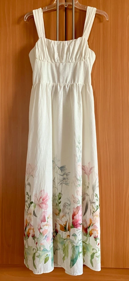 Maxi Vestido de Verano H&M Blanco Floral Mezcla de Lino Sin Mangas Forrado Talla S Foto 1 de 4