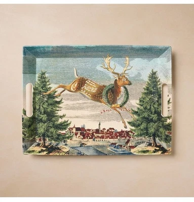 John Derian Reindeer Wintry Town Melamine Handled Serving Tray 2025 Christmas!  - Image 1 of 4