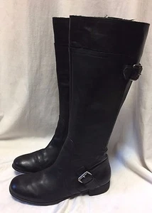 Nine West Buckle Sookie Knee Boots Women's 8.5 Riding Classic Black Leather Shoe - Picture 1 of 11