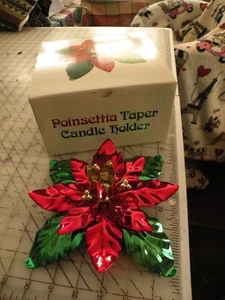 Dept 56 Metal Poinsettia Taper Candle Holder Red, Green, White VGC 8" By 4" BOX - Picture 1 of 3