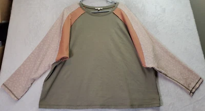 Easel Shirt Top Womens Medium Green Orange Pink Cotton Long Sleeve Round Neck - Image 1 of 4