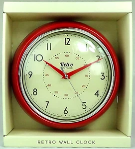 Retro Reloj de Pared Rojo, Metal Redondo Analógico 24 cm Batería Op Diner Cocina - Imagen 1 de 7
