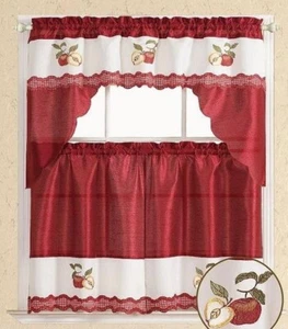 NEVADA APPLES FRUITS BURGUNDY EMBROIDERED DECORATIVE KITCHEN CURTAIN 3 PCS SET - Picture 1 of 7
