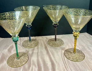 Pier 1 RIOJA Martini Glass Set 4 Gold Filagree Scroll Cocktail Multicolor Stems - Picture 1 of 17