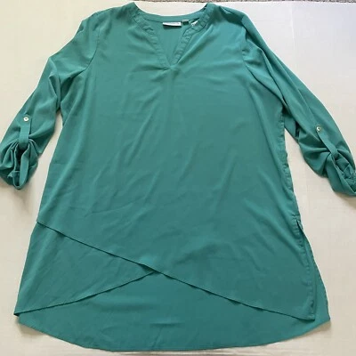 Susan Graver Top Womens 16 Teal Green Tunic Silky Roll Tab Tiered Lagenlook - Image 1 of 4